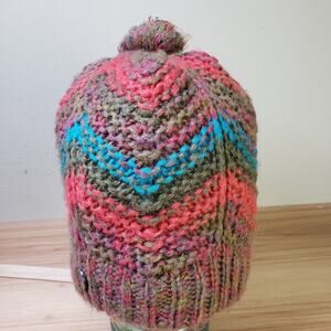 Pistil One Size Chunky Crochet Pom Pom Beanie Hat Multicolor Boho Artsy